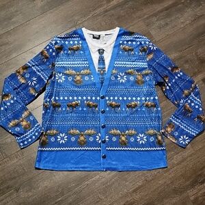 Briefly Stated Men's XL Ugly Christmas Sweater Blue Moose Pattern Long Sleeve